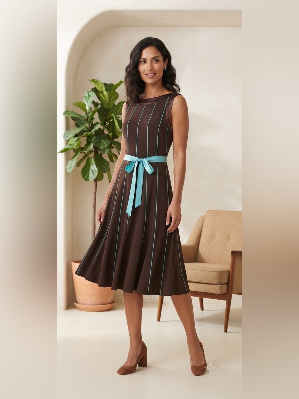 Sandra Darren Fit & Flare Dress Sz 12 Brown Turquoise Vertical Stripe Ribbon Mid